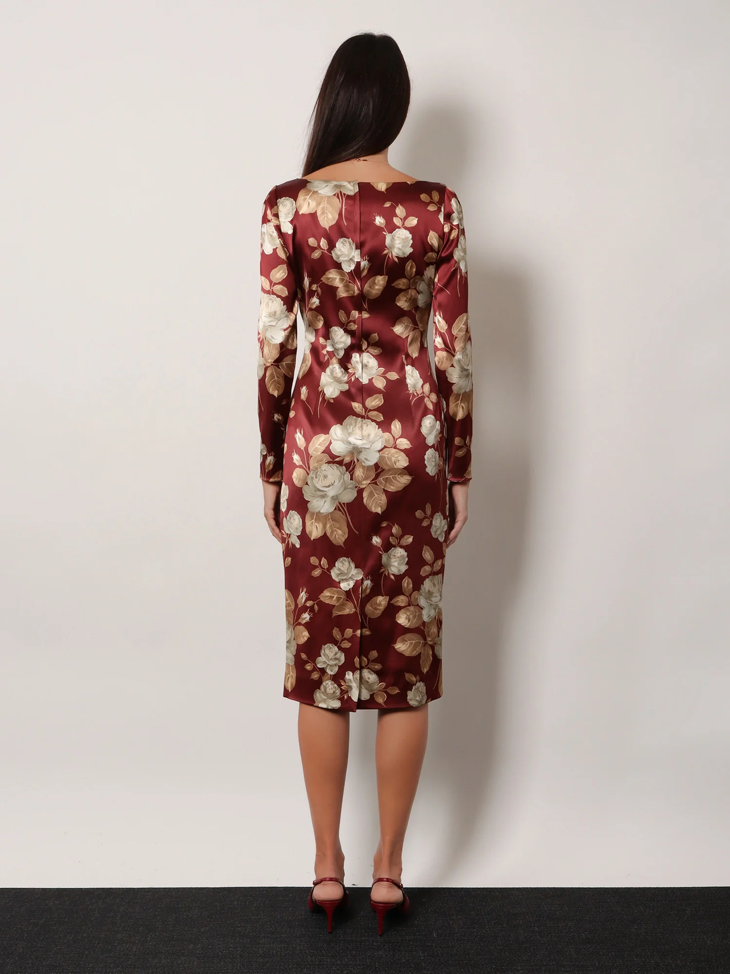 Vintage rose print satin midi pencil dress - Image 3